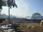 Fire officer Shahbaz Bal said firefighters deployed 12 fire tenders on Sunday but could not extinguish the blaze. (HT)