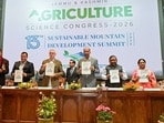 Jammu and Kashmir Chief Minister Omar Abdullah along with Agriculture Production Minister Javed Ahmed Dar, Advisor Nasir Aslam Wani, and other dignitaries releases a compendium during the 13th Sustainable Mountain Development Summit (SMDS) at SKUAST-K Shalimar, in Srinagar on Monday. (Sourced)