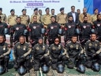 Jammu and Kashmir DGP Nalin Prabhat along with police personnel in a group photograph with police motorcycle riders during the flag off ceremony of a 'National Motorcycle Rally for Drug-Free India', in Srinagar, Monday. (PTI)