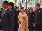 Mukesh Ambani and Nita Ambani at an event at the Jio World Convention Centre in Mumbai.

