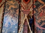 Mumbai, India, October 12, 2026 – Workers at the Bengal Club are constructing a 10,000-square-foot Durga Puja pandal at Shivaji Park. The club will celebrate its 91st Durga Puja from October 15 to 21, 2026. This year’s theme focuses on the Nepal disaster. Mumbai, India, October 12, 2026. (Photo by Raju Shinde/HT Photo) (Raju Shinde)