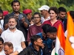 Congress leaders Rahul Gandhi, Priyanka Gandhi Vadra, All India Students' Association (AISA) National President Neha Bora during �March for Democracy� by INDIA bloc leaders, towards the Supreme Court.