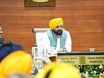Punjab chief minister Bhagwant Mann during a meeting with the Qaumi Insaaf Morcha and other Sikh organisations in Chandigarh on Monday. (HT)