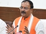 UP deputy CM Keshav Prasad Maurya talking to the media in Prayagraj on October 13. (HT photo)