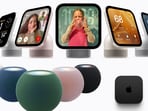 (Clockwise from top) The Apple HomeView with a 7-inch Retina Display, a new Apple TV 4K and the colourful HomePod mini 2 

