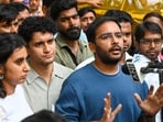 Cockroach Janta Party (CJP) Chief Spokesperson Saurav Das and its National Spokesperson Ashutosh Ranka (unseen) arrive at Jantar Mantar, in New Delhi on Tuesday. Both of them have been detained by the Delhi Police. 