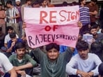 Students stage a protest outside a hostel after a first-year student allegedly died by suicide at the Indian Institute of Information Technology in Ranchi, on Sunday.