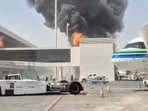 Smoke and flames rise from King Khalid Airport, after Yemen's Iran-backed Houthis said they attacked the airport, in Riyadh, Saudi Arabia, October 8