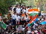 Karnataka Chief Minister DK Shivakumar, Congress leaders Rahul Gandhi, Imran Pratapgarhi and Deepender Singh Hooda, RJD leader Tejashwi Yadav, and others INDIA bloc leaders proceed in a bus towards the Supreme Court in Delhi on Monday.