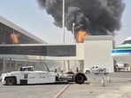 Smoke and flames rise from King Khalid Airport, after Yemen's Iran-backed Houthis said they attacked the airport, in Riyadh, Saudi Arabia, October 8, 2026, 