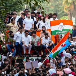 Karnataka Chief Minister DK Shivakumar, Congress leaders Rahul Gandhi, Imran Pratapgarhi and Deepender Singh Hooda, RJD leader Tejashwi Yadav, and other INDIA bloc leaders proceed in a bus towards the Supreme Court on Monday.