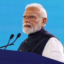 In this image received on Oct 13, Prime Minister Narendra Modi addresses the Bloomberg New Economy Forum, in New Delhi. 