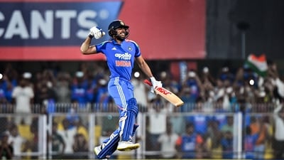 Shubman Gill celebrates his double century during the 2nd ODI against West Indies. (ANI Pic Service) Shubman Gill celebrates his double century during the 2nd ODI against West Indies. (ANI Pic Service)