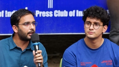 Cockroach Janta Party leaders Ashutosh Ranka and Saurav Das address the media at the Press Club of India, in New Delhi on Sunday. (Naveen Sharma)