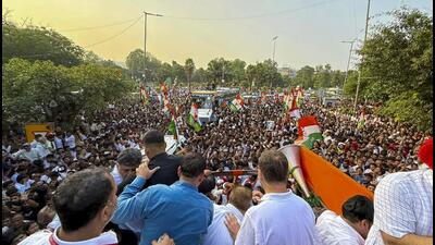 Congress leader Rahul Gandhi and others during ‘March for Democracy’ by INDIA bloc leaders, towards the Supreme Court, to file a petition against Chief Election Commissioner Gyanesh Kumar and 'vote chori', at Barakhamba road, in New Delhi. (AICC via PTI) Congress leader Rahul Gandhi and others during ‘March for Democracy’ by INDIA bloc leaders, towards the Supreme Court, to file a petition against Chief Election Commissioner Gyanesh Kumar and 'vote chori', at Barakhamba road, in New Delhi. (AICC via PTI)