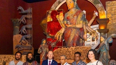 He posted on X, “Great to be back in Kolkata! Visited some beautiful pandals and experienced firsthand the incredible creativity, community..." (Photo: X)