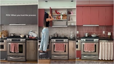 Content creator Angelie just turned her rental kitchen into a chic burgundy haven using DIY, renter-friendly hacks. (Instagram/ casa.angelie) Content creator Angelie just turned her rental kitchen into a chic burgundy haven using DIY, renter-friendly hacks. (Instagram/ casa.angelie)