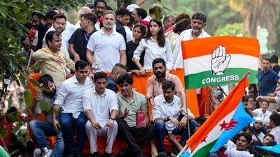 Karnataka Chief Minister DK Shivakumar, Congress leaders Rahul Gandhi, Imran Pratapgarhi and Deepender Singh Hooda, RJD leader Tejashwi Yadav, and others INDIA bloc leaders proceed in a bus towards the Supreme Court to file a petition against Special Intensive Revision (SIR) of electoral rolls and alleged poll irregularities during 'March for Democracy', in New Delhi, Monday, Oct. 12, 2026. NSUI President Vinod Jakhar is also seen. (PTI) Karnataka Chief Minister DK Shivakumar, Congress leaders Rahul Gandhi, Imran Pratapgarhi and Deepender Singh Hooda, RJD leader Tejashwi Yadav, and others INDIA bloc leaders proceed in a bus towards the Supreme Court to file a petition against Special Intensive Revision (SIR) of electoral rolls and alleged poll irregularities during 'March for Democracy', in New Delhi, Monday, Oct. 12, 2026. NSUI President Vinod Jakhar is also seen. (PTI)