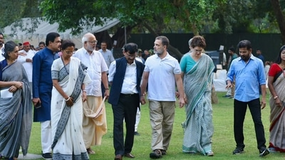 Lok Sabha LoP Rahul Gandhi with party leader Priyanka Gandhi Vadra, Telangana CM Revanth Reddy, JMM leader Mahua Majhi, NCP (SP) leader Supriya Sule and others during a high tea organised for the INDIA bloc leaders at his residence, to discuss the strategy for joint protests against Chief Election Commissioner Gyanesh Kumar's resignation. (AICC) Lok Sabha LoP Rahul Gandhi with party leader Priyanka Gandhi Vadra, Telangana CM Revanth Reddy, JMM leader Mahua Majhi, NCP (SP) leader Supriya Sule and others during a high tea organised for the INDIA bloc leaders at his residence, to discuss the strategy for joint protests against Chief Election Commissioner Gyanesh Kumar's resignation. (AICC)