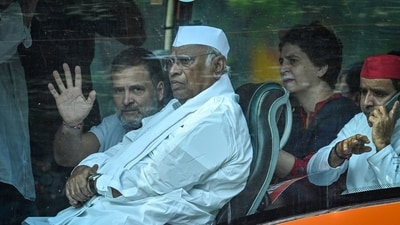 Congress President Mallikarjun Kharge, Leader of Opposition in the Lok Sabha Rahul Gandhi, and Congress MP Priyanka Gandhi Vadra participate in a march by INDIA bloc MPs and opposition leaders towards the Supreme Court. (Photo by Sanchit Khanna/ Hindustan Times) Congress President Mallikarjun Kharge, Leader of Opposition in the Lok Sabha Rahul Gandhi, and Congress MP Priyanka Gandhi Vadra participate in a march by INDIA bloc MPs and opposition leaders towards the Supreme Court. (Photo by Sanchit Khanna/ Hindustan Times)