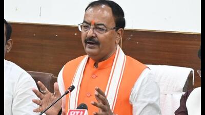 UP deputy CM Keshav Prasad Maurya talking to the media in Prayagraj on October 13. (HT photo)