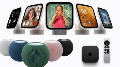 (Clockwise from top) The Apple HomeView with a 7-inch Retina Display, a new Apple TV 4K and the colourful HomePod mini 2 ((official images))