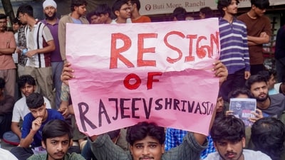 Students stage a protest outside a hostel after a first-year student allegedly died by suicide at the Indian Institute of Information Technology in Ranchi, on Sunday. (PTI) Students stage a protest outside a hostel after a first-year student allegedly died by suicide at the Indian Institute of Information Technology in Ranchi, on Sunday. (PTI)