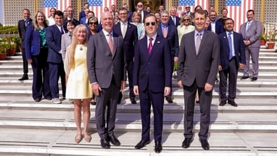 United States Ambassador to India, Sergio Gor, with Montana Governor Greg Gianforte and delegation members, in New Delhi. (@USAmbIndia) United States Ambassador to India, Sergio Gor, with Montana Governor Greg Gianforte and delegation members, in New Delhi. (@USAmbIndia)