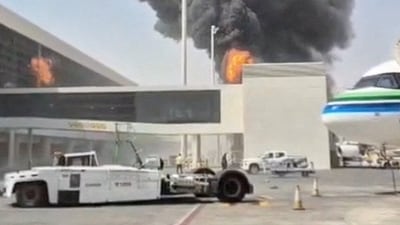 Smoke and flames rise from King Khalid Airport, after Yemen's Iran-backed Houthis said they attacked the airport, in Riyadh, Saudi Arabia, October 8 (Social Media via REUTERS)