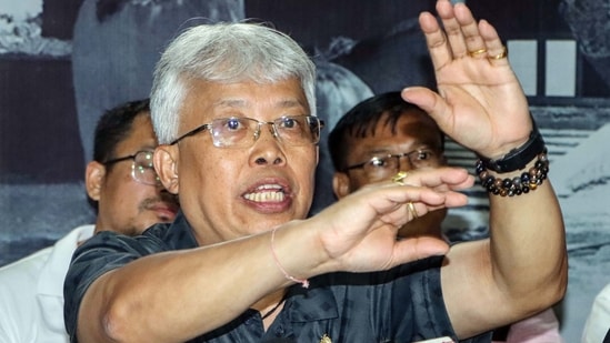 Congress MP Angomcha Bimol Akoijam briefs the media regarding the controversy over his dismissal from Jawaharlal Nehru University (JNU) over an alleged sexual harassment claim by 11 female students, at his residence in Keishamthong, in Imphal on Saturday.