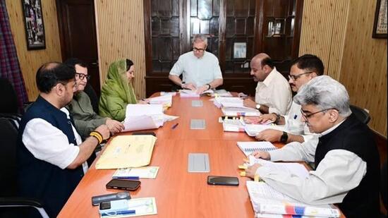 Chief minister Omar Abdullah chairing a cabinet meeting in Jammu. The present cabinet comprises six members, the chief minister and five ministers, leaving three vacancies. (File photo)