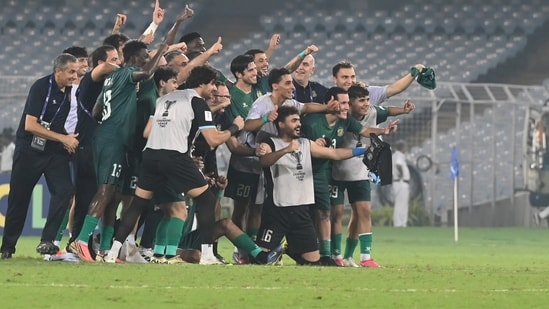 Iraq club AL Shorta players celebrate after their 3-2 win against East Bengal in the AFC Championship League 2 in Kolkata,