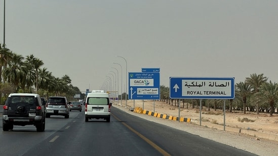 View of the highway leading to the King Khalid International Airport in Riyadh, Saudi Arabia. 
