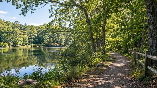 Westport combined 7.5 acres donated by Paul Newman’s family with an adjoining 29.9-acre parcel purchased from the Poses family to create the Newman-Poses Nature Preserve. Adopted in 2010, the preserve protects woodland for public recreation, with trails and limited parking but no buildings. (AI-generated/ ChatGPT)