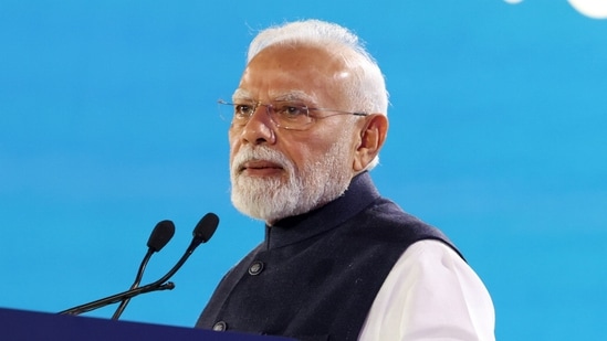 In this image received on Oct 13, Prime Minister Narendra Modi addresses the Bloomberg New Economy Forum, in New Delhi.