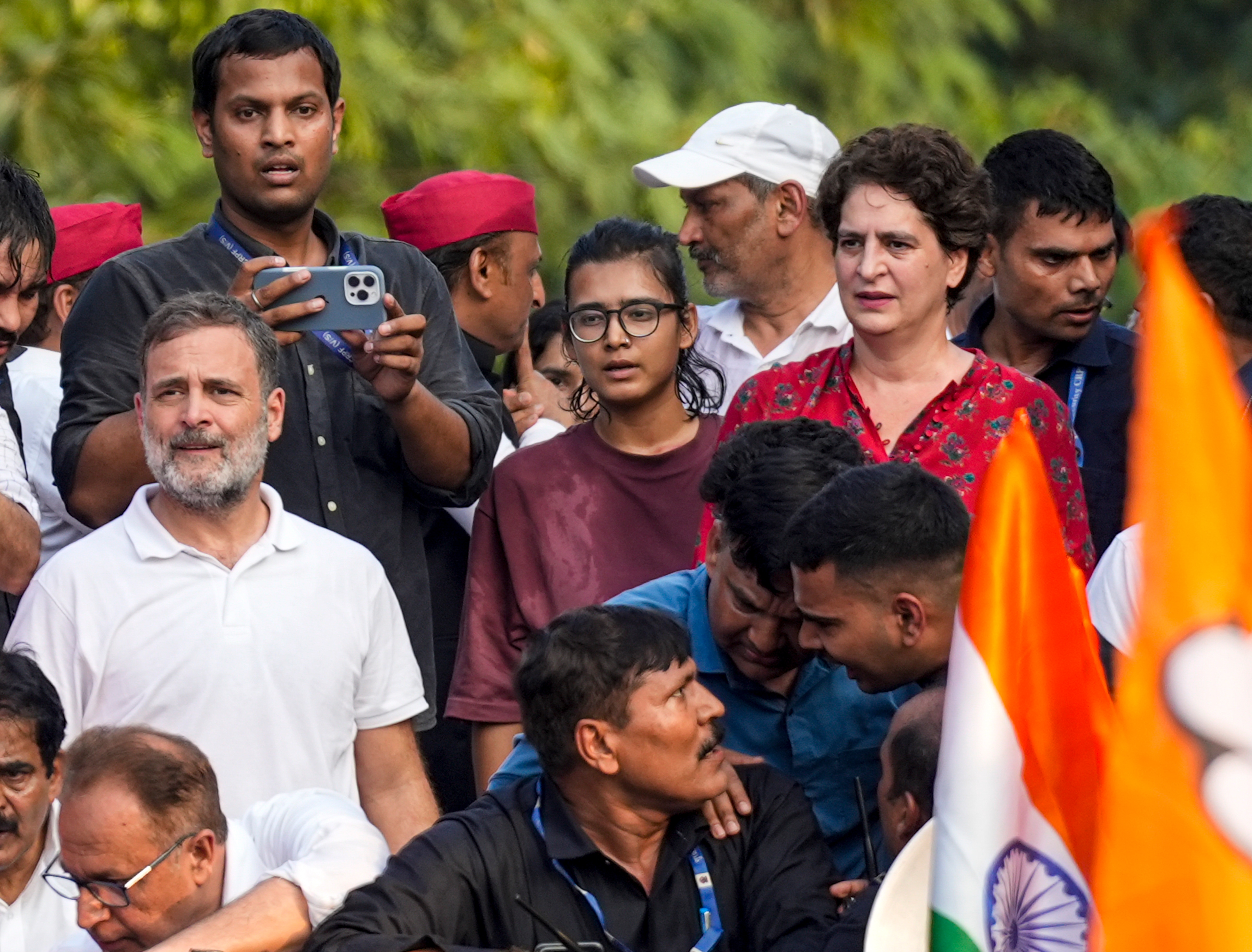 New Delhi: Congress leaders Rahul Gandhi, Priyanka Gandhi Vadra, All India Students' Association (AISA) National President Neha Bora and others during ‘March for Democracy’ by INDIA bloc leaders, towards the Supreme Court, to file a petition against Chief Election Commissioner Gyanesh Kumar and 'vote chori'. (PTI) New Delhi: Congress leaders Rahul Gandhi, Priyanka Gandhi Vadra, All India Students' Association (AISA) National President Neha Bora and others during ‘March for Democracy’ by INDIA bloc leaders, towards the Supreme Court, to file a petition against Chief Election Commissioner Gyanesh Kumar and 'vote chori'. (PTI)