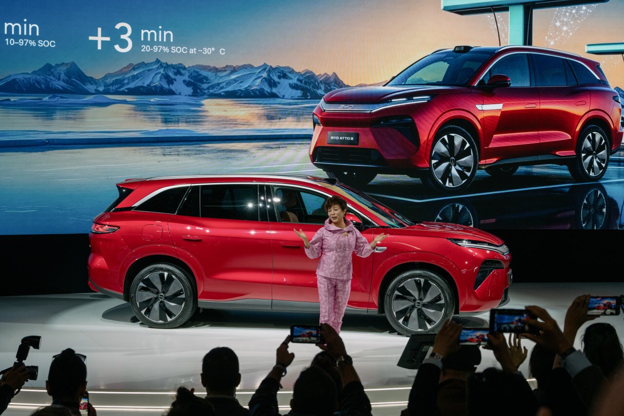 BYD Executive Vice President Stella Li unveiling the Atto 8, a new BYD model for the European market at the Paris Motor Show. BYD Executive Vice President Stella Li unveiling the Atto 8, a new BYD model for the European market at the Paris Motor Show.