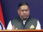 ]MEA Spokesperson Randhir Jaiswal addressing a press conference in New Delhi.