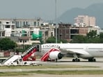 The Frankfurt-to-New Delhi Air India flight AI2030, after it was diverted to Jaipur International Airport following a security threat.
