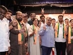 BJP Maharashtra chief Ravindra Chavan with party nominees Kaustubh Gawade and Smita Jadhav. Chief minister on Wednesday will campaign for BJP-Mahayuti candidates contesting the Pune division’s graduates and teachers’ constituencies of MLC. (HT)
