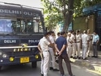 Police personnel outside the Tihar Jail on Wednesday after Cockroach Janta Party (CJP) leaders Saurav Das and Ashutosh Ranka were sent to five-day judicial custody (PTI)