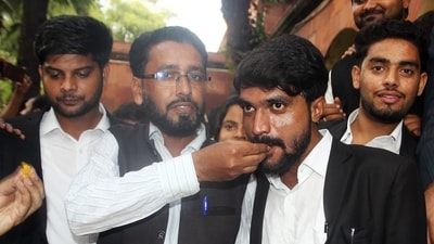 Advocates celebrate after the district court sentenced Muskan Rastogi and Sahil Shukla to death for the murder of merchant navy officer, Saurabh Rajput. (ANI Photo) Advocates celebrate after the district court sentenced Muskan Rastogi and Sahil Shukla to death for the murder of merchant navy officer, Saurabh Rajput. (ANI Photo)