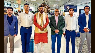 Haryana chief minister Nayab Singh Saini at the IGI Airport as he leaves for a 4-day official visit to Sweden, in New Delhi on Wednesday. (@NayabSainiBJP X) Haryana chief minister Nayab Singh Saini at the IGI Airport as he leaves for a 4-day official visit to Sweden, in New Delhi on Wednesday. (@NayabSainiBJP X)
