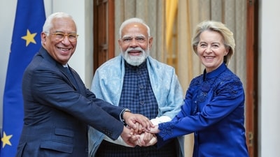 Prime Minister Narendra Modi with European Council President António Luís Santos da Costa and European Commission President Ursula von der Leyen, at Hyderabad House in New Delhi. (DPR PMO) Prime Minister Narendra Modi with European Council President António Luís Santos da Costa and European Commission President Ursula von der Leyen, at Hyderabad House in New Delhi. (DPR PMO)
