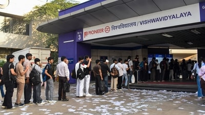 People queue up at Vishwavidyalaya Metro Station near Delhi University North Campus. (PTI File) People queue up at Vishwavidyalaya Metro Station near Delhi University North Campus. (PTI File)