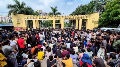 Students stage a protest outside a hostel after a first-year student of the IIIT Ranchi died by suicide. (PTI Photo) Students stage a protest outside a hostel after a first-year student of the IIIT Ranchi died by suicide. (PTI Photo)