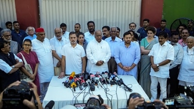New Delhi: Leader of Opposition in the Lok Sabha Rahul Gandhi, Congress President Mallikarjun Kharge, party leaders Priyanka Gandhi Vadra and KC Venugopal, All India Students' Association (AISA) National President Neha Bora, and other leaders of the INDIA bloc during a joint press conference in New Delhi, Tuesday, (PTI)