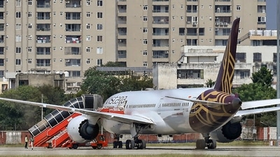 Air India AI2030, operated with a Boeing 787-9 aircraft bearing Vistara's livery, is seen at the isolation bay after making an emergency landing at the Jaipur International Airport following a hijack alert, in Jaipur, Rajasthan. (PTI) Air India AI2030, operated with a Boeing 787-9 aircraft bearing Vistara's livery, is seen at the isolation bay after making an emergency landing at the Jaipur International Airport following a hijack alert, in Jaipur, Rajasthan. (PTI)