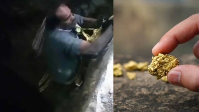 బంగారం కోసం గోల్డ్మైన్లోకి దిగిన వ్యక్తి బంగారం కోసం గోల్డ్మైన్లోకి దిగిన వ్యక్తి