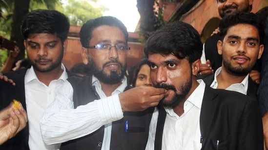Advocates celebrate after the district court sentenced Muskan Rastogi and Sahil Shukla to death for the murder of merchant navy officer, Saurabh Rajput.